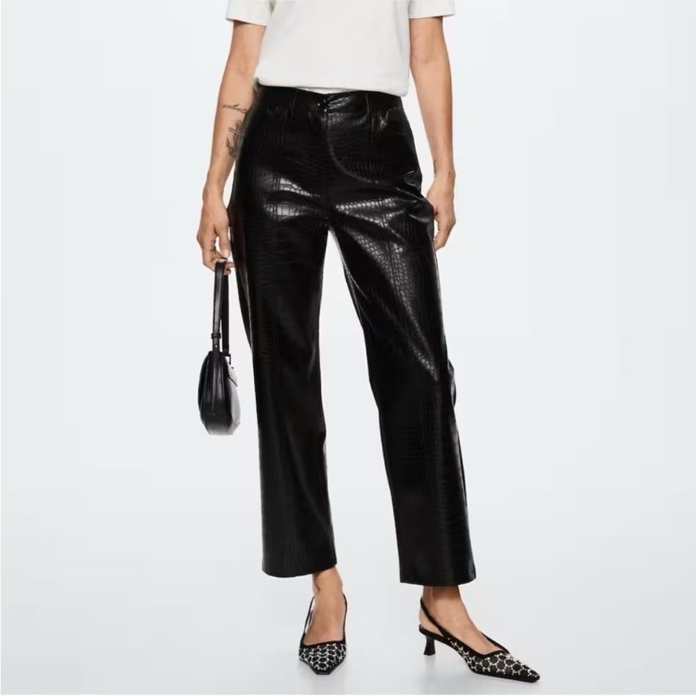 Mango Faux Leather Crocodile Embossed Straight Leg Pants in Black Size 6